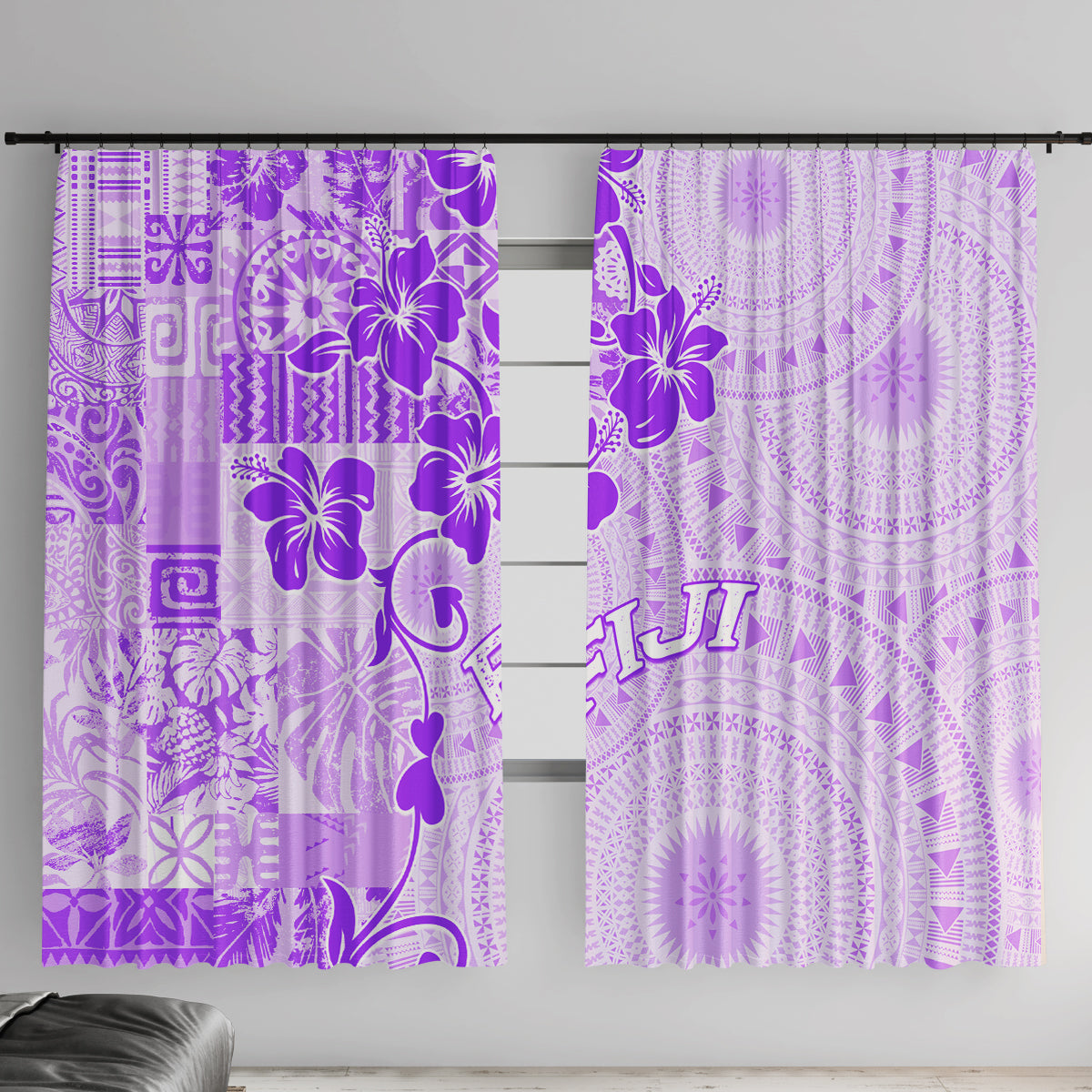 Fiji Masi With Hibiscus Tapa Tribal Window Curtain Purple Pastel LT01 With Hooks Purple - Polynesian Pride