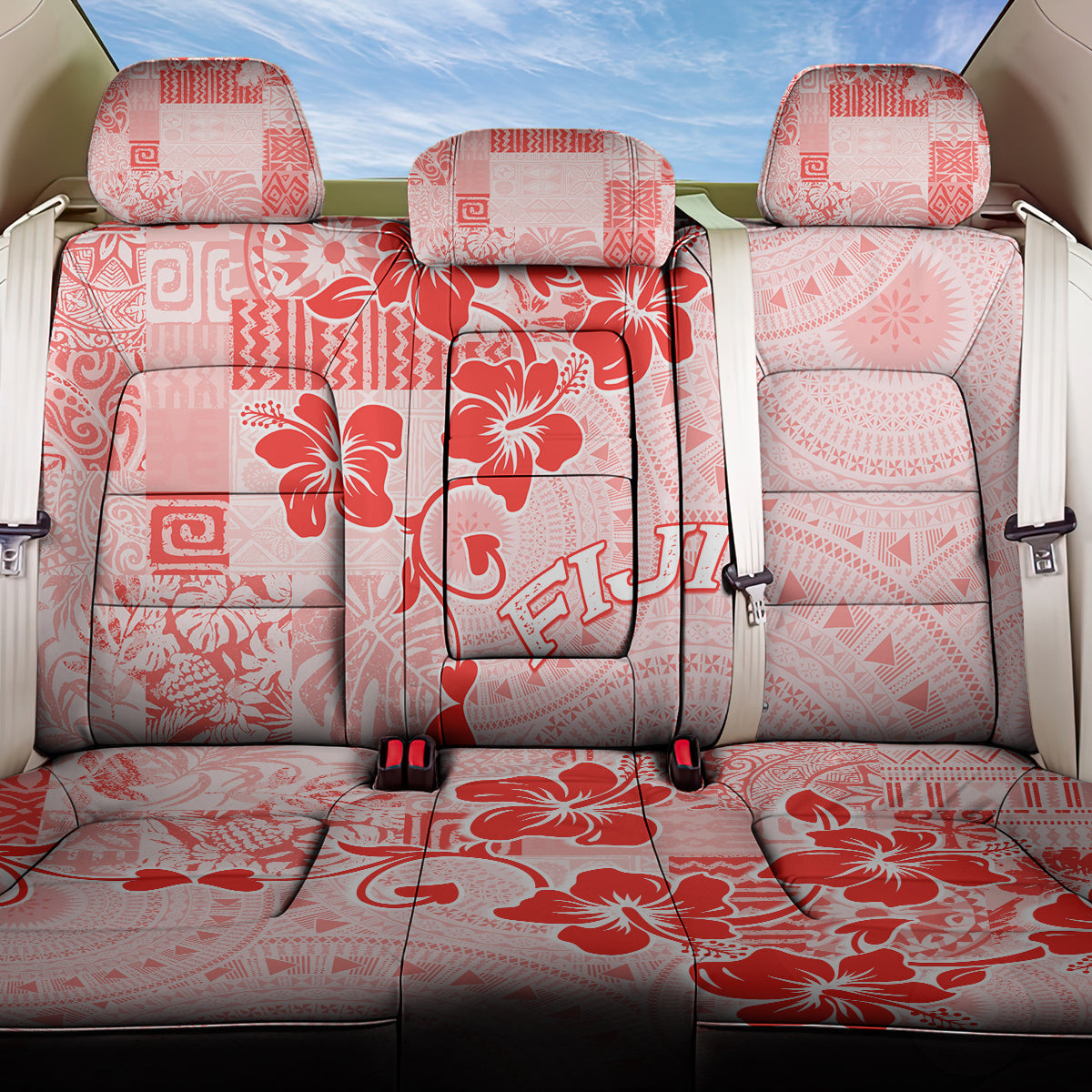 Fiji Masi With Hibiscus Tapa Tribal Back Car Seat Cover Red Pastel LT01 One Size Red - Polynesian Pride