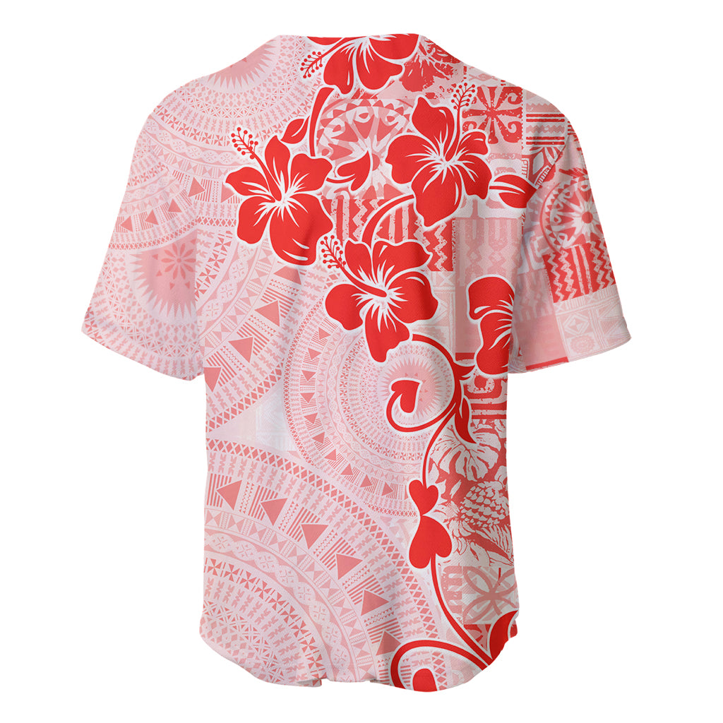Fiji Masi With Hibiscus Tapa Tribal Baseball Jersey Red Pastel LT01 - Polynesian Pride
