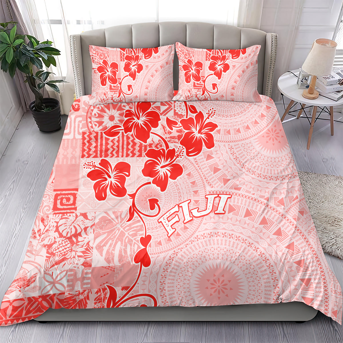 Fiji Masi With Hibiscus Tapa Tribal Bedding Set Red Pastel LT01 - Polynesian Pride