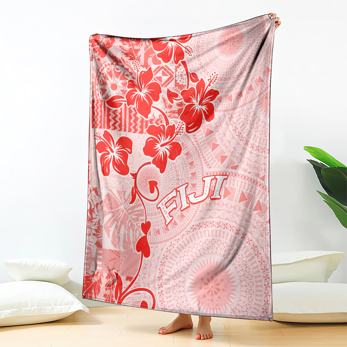 Fiji Masi With Hibiscus Tapa Tribal Blanket Red Pastel LT01 Red - Polynesian Pride