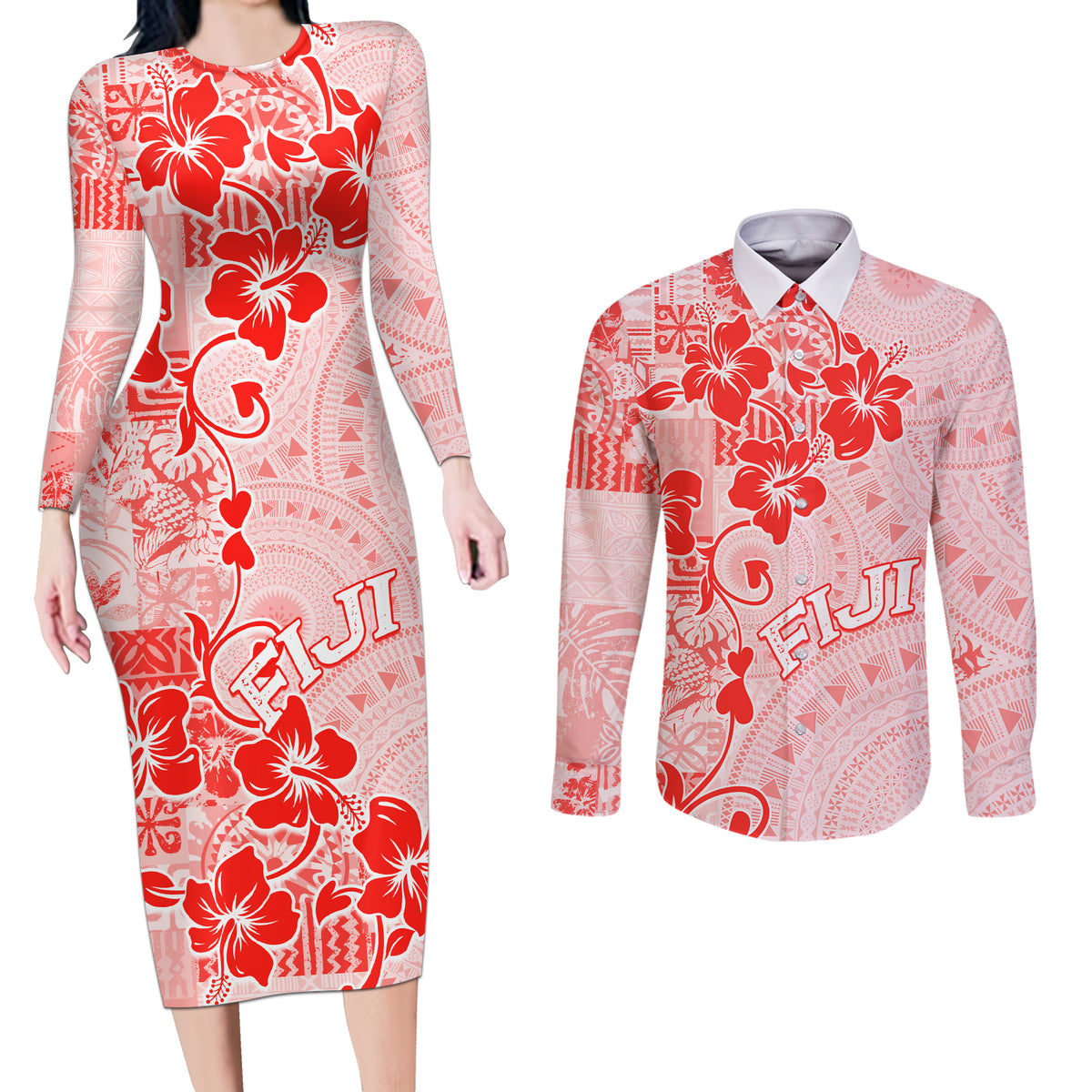 Fiji Masi With Hibiscus Tapa Tribal Couples Matching Long Sleeve Bodycon Dress and Long Sleeve Button Shirt Red Pastel LT01 Red - Polynesian Pride