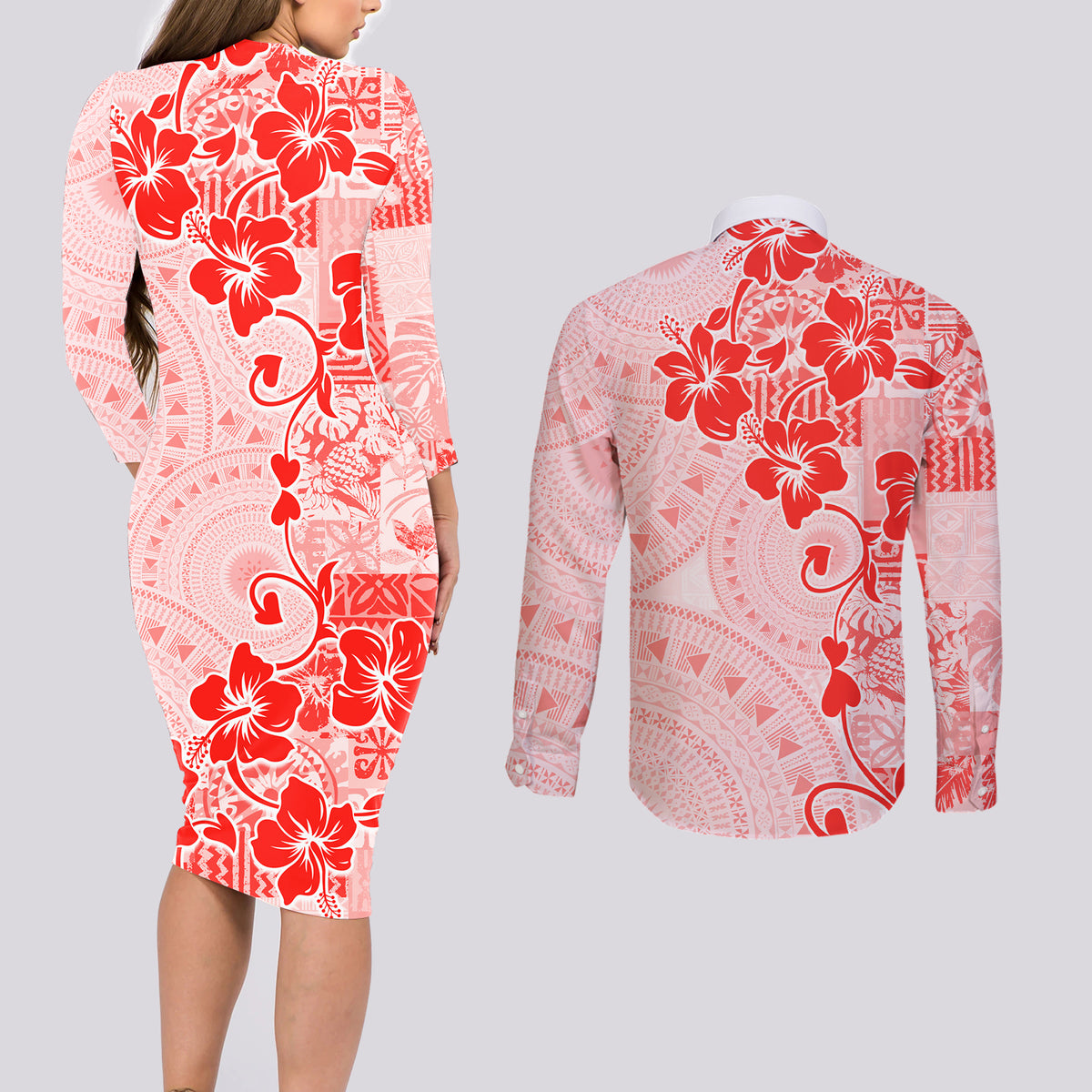 Fiji Masi With Hibiscus Tapa Tribal Couples Matching Long Sleeve Bodycon Dress and Long Sleeve Button Shirt Red Pastel LT01 - Polynesian Pride