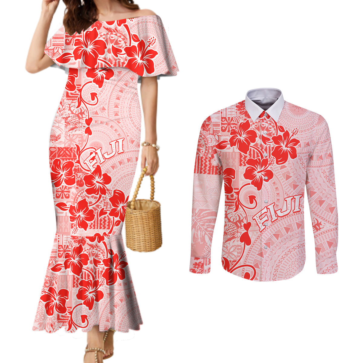 Fiji Masi With Hibiscus Tapa Tribal Couples Matching Mermaid Dress and Long Sleeve Button Shirt Red Pastel LT01 Red - Polynesian Pride