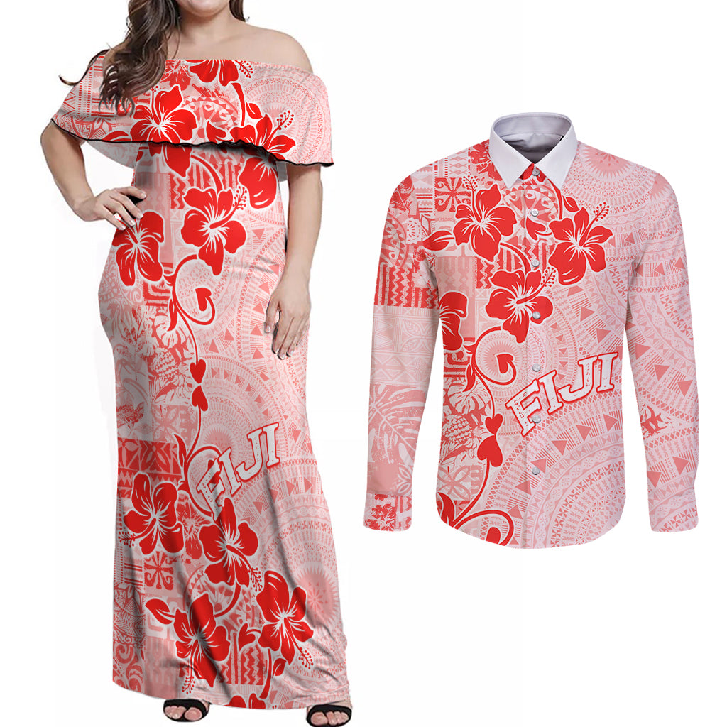 Fiji Masi With Hibiscus Tapa Tribal Couples Matching Off Shoulder Maxi Dress and Long Sleeve Button Shirt Red Pastel LT01 Red - Polynesian Pride