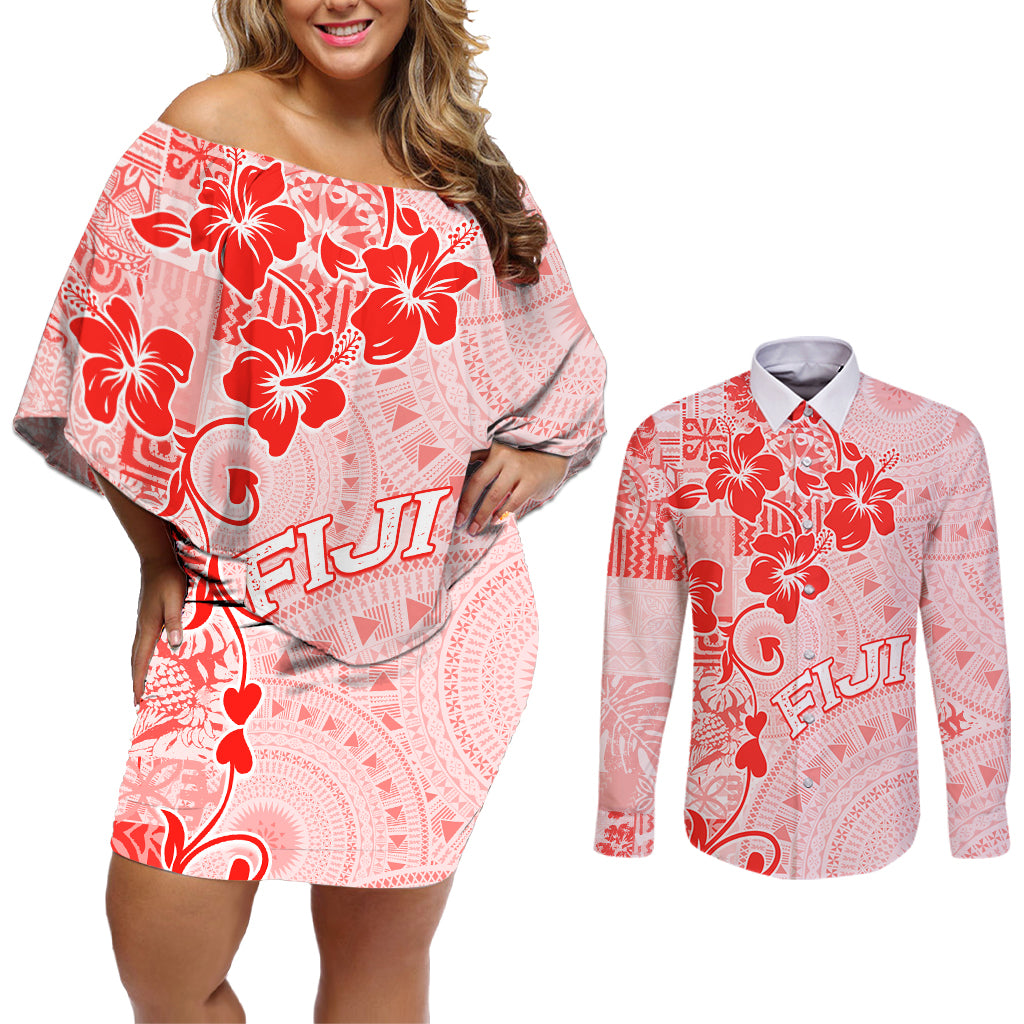 Fiji Masi With Hibiscus Tapa Tribal Couples Matching Off Shoulder Short Dress and Long Sleeve Button Shirt Red Pastel LT01 Red - Polynesian Pride