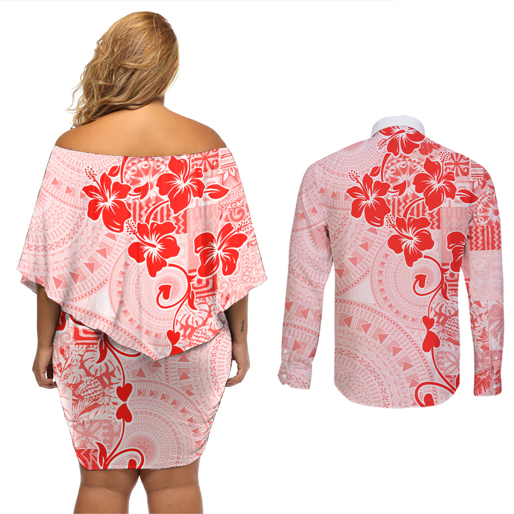 Fiji Masi With Hibiscus Tapa Tribal Couples Matching Off Shoulder Short Dress and Long Sleeve Button Shirt Red Pastel LT01 - Polynesian Pride