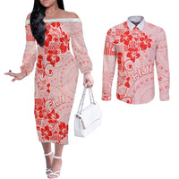 Fiji Masi With Hibiscus Tapa Tribal Couples Matching Off The Shoulder Long Sleeve Dress and Long Sleeve Button Shirt Red Pastel LT01 Red - Polynesian Pride