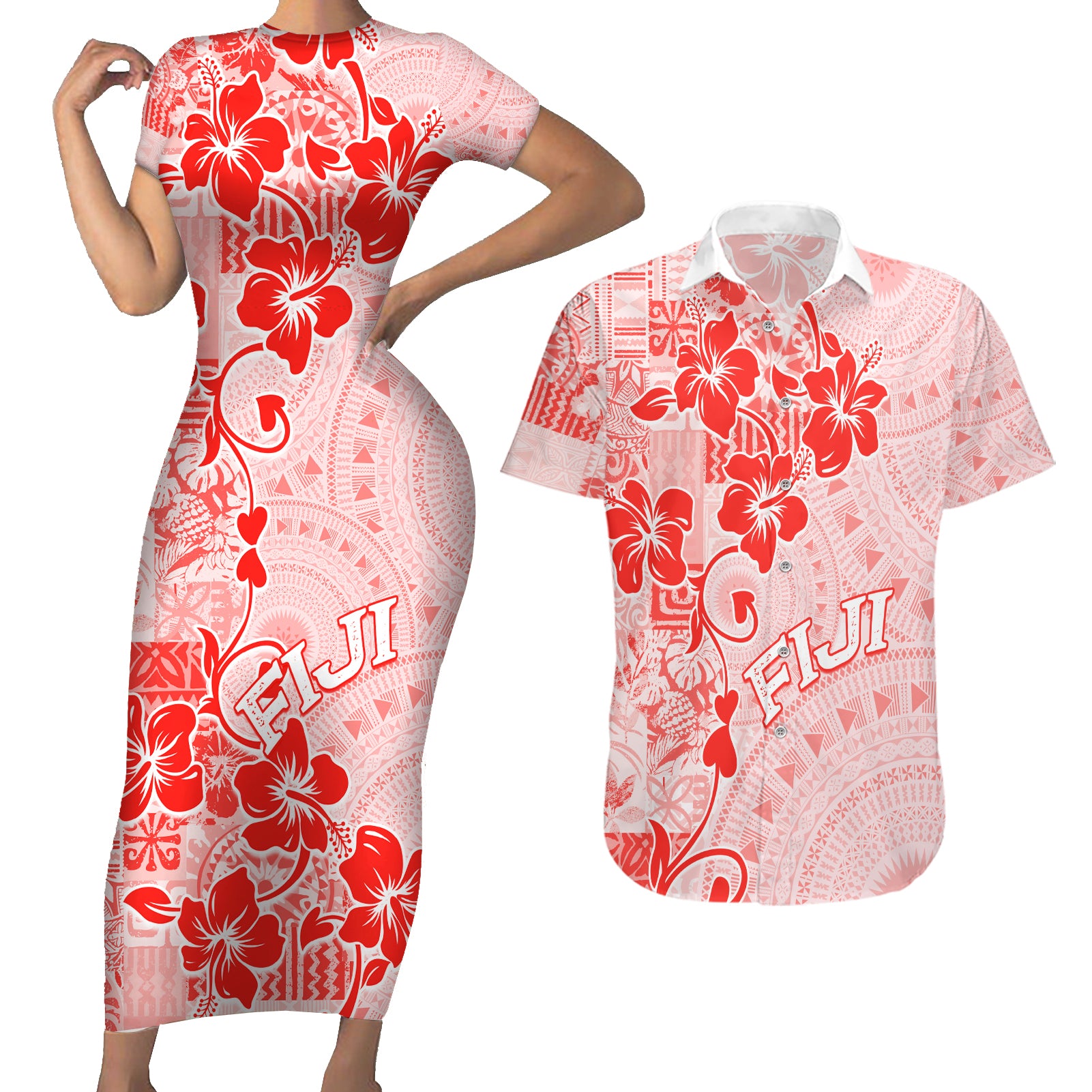 Fiji Masi With Hibiscus Tapa Tribal Couples Matching Short Sleeve Bodycon Dress and Hawaiian Shirt Red Pastel LT01 Red - Polynesian Pride