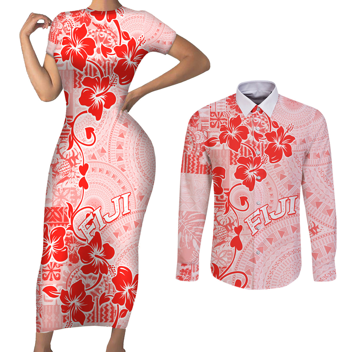 Fiji Masi With Hibiscus Tapa Tribal Couples Matching Short Sleeve Bodycon Dress and Long Sleeve Button Shirt Red Pastel LT01 Red - Polynesian Pride