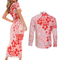 Fiji Masi With Hibiscus Tapa Tribal Couples Matching Short Sleeve Bodycon Dress and Long Sleeve Button Shirt Red Pastel LT01 - Polynesian Pride