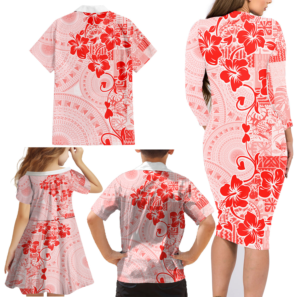 Fiji Masi With Hibiscus Tapa Tribal Family Matching Long Sleeve Bodycon Dress and Hawaiian Shirt Red Pastel LT01 - Polynesian Pride