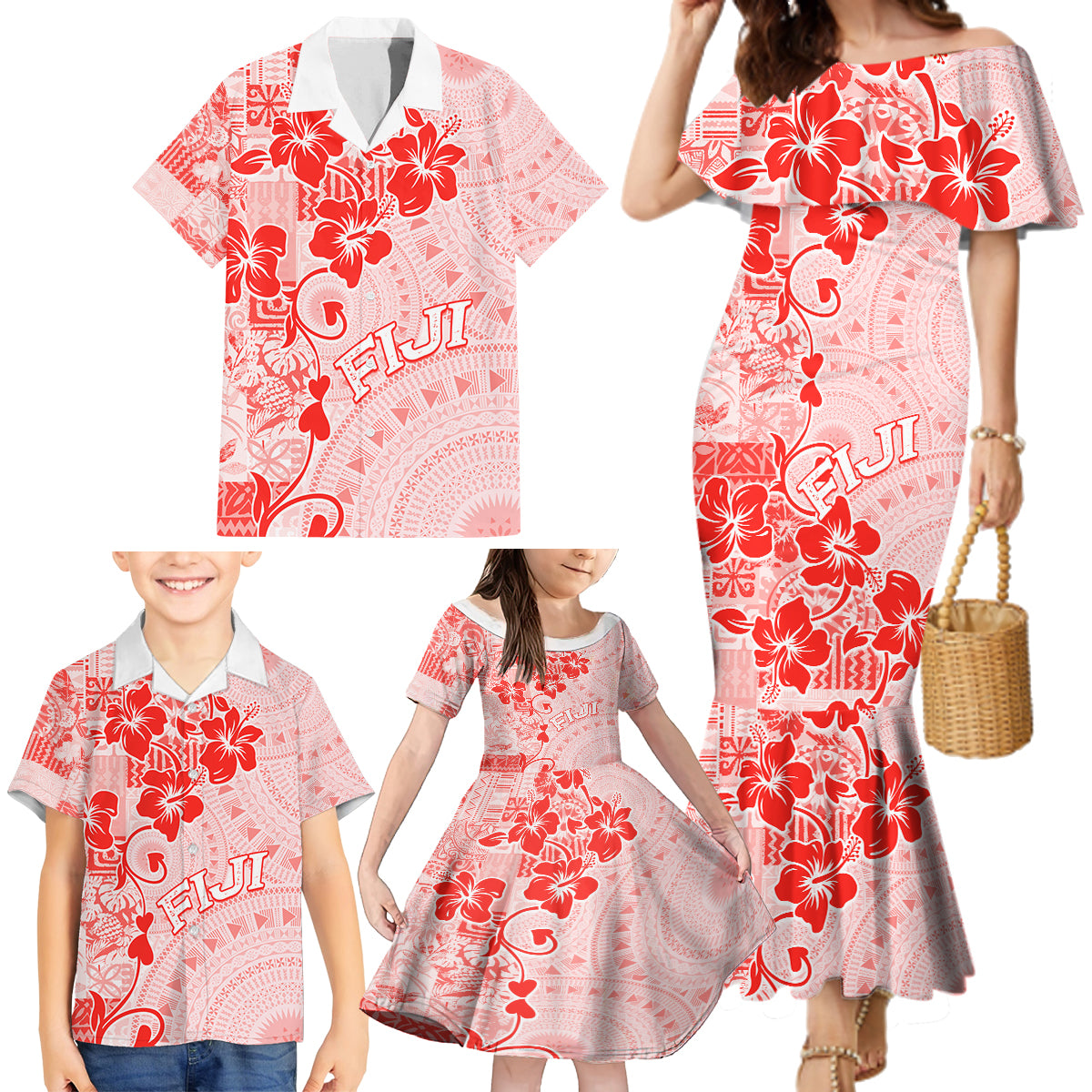 Fiji Masi With Hibiscus Tapa Tribal Family Matching Mermaid Dress and Hawaiian Shirt Red Pastel LT01 - Polynesian Pride