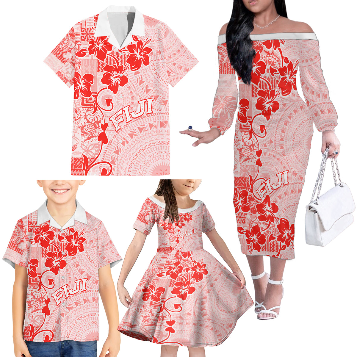 Fiji Masi With Hibiscus Tapa Tribal Family Matching Off Shoulder Long Sleeve Dress and Hawaiian Shirt Red Pastel LT01 - Polynesian Pride