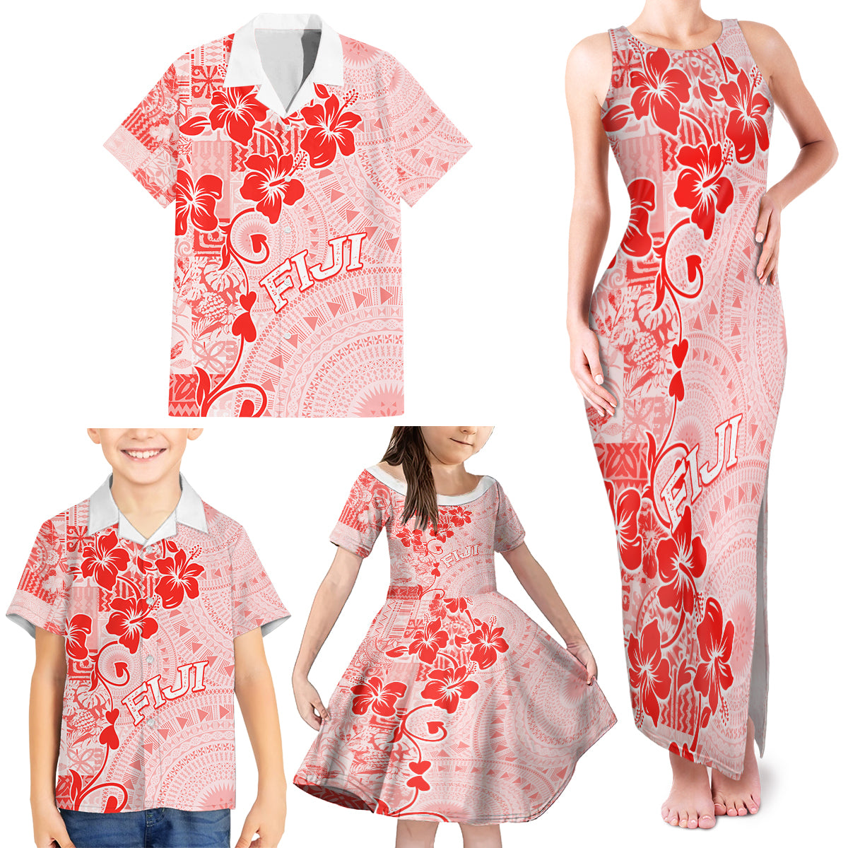 Fiji Masi With Hibiscus Tapa Tribal Family Matching Tank Maxi Dress and Hawaiian Shirt Red Pastel LT01 - Polynesian Pride