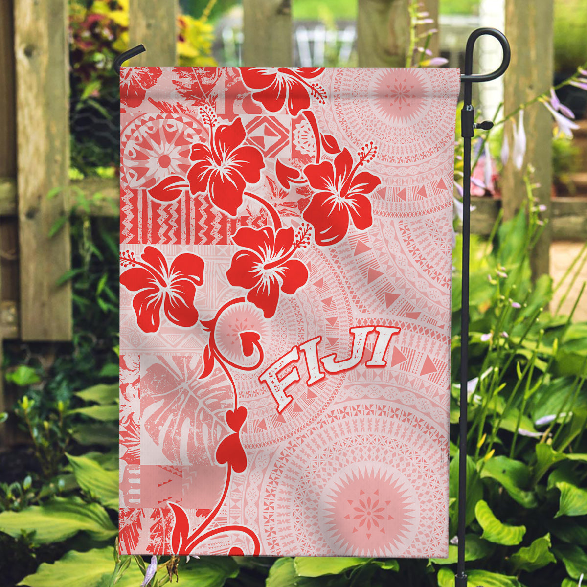 Fiji Masi With Hibiscus Tapa Tribal Garden Flag Red Pastel LT01 Garden Flag Red - Polynesian Pride