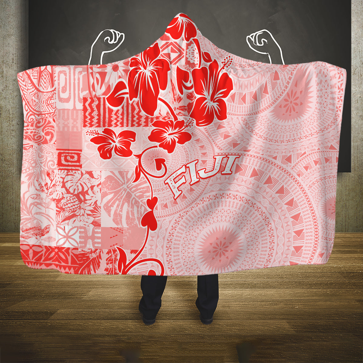 Fiji Masi With Hibiscus Tapa Tribal Hooded Blanket Red Pastel LT01 One Size Red - Polynesian Pride