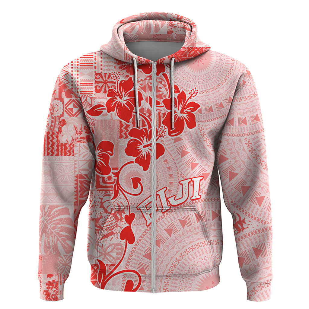Fiji Masi With Hibiscus Tapa Tribal Hoodie Red Pastel LT01 Zip Hoodie Red - Polynesian Pride