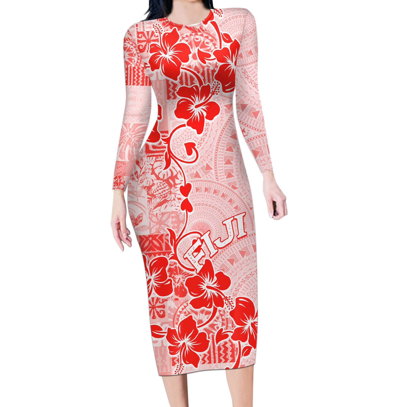 Fiji Masi With Hibiscus Tapa Tribal Long Sleeve Bodycon Dress Red Pastel LT01 Long Dress Red - Polynesian Pride