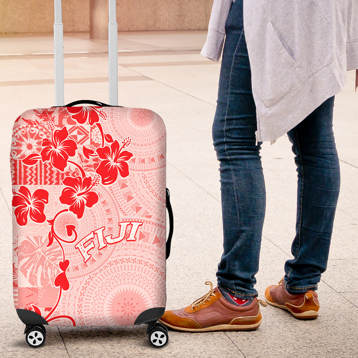 Fiji Masi With Hibiscus Tapa Tribal Luggage Cover Red Pastel LT01 Red - Polynesian Pride