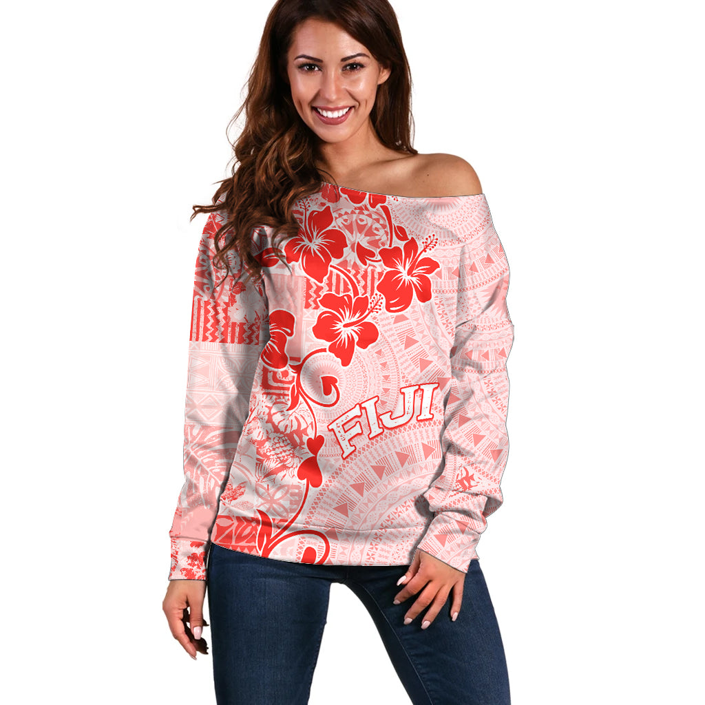 Fiji Masi With Hibiscus Tapa Tribal Off Shoulder Sweater Red Pastel LT01 Women Red - Polynesian Pride