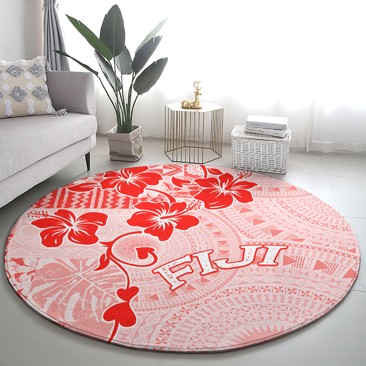 Fiji Masi With Hibiscus Tapa Tribal Round Carpet Red Pastel LT01 - Polynesian Pride