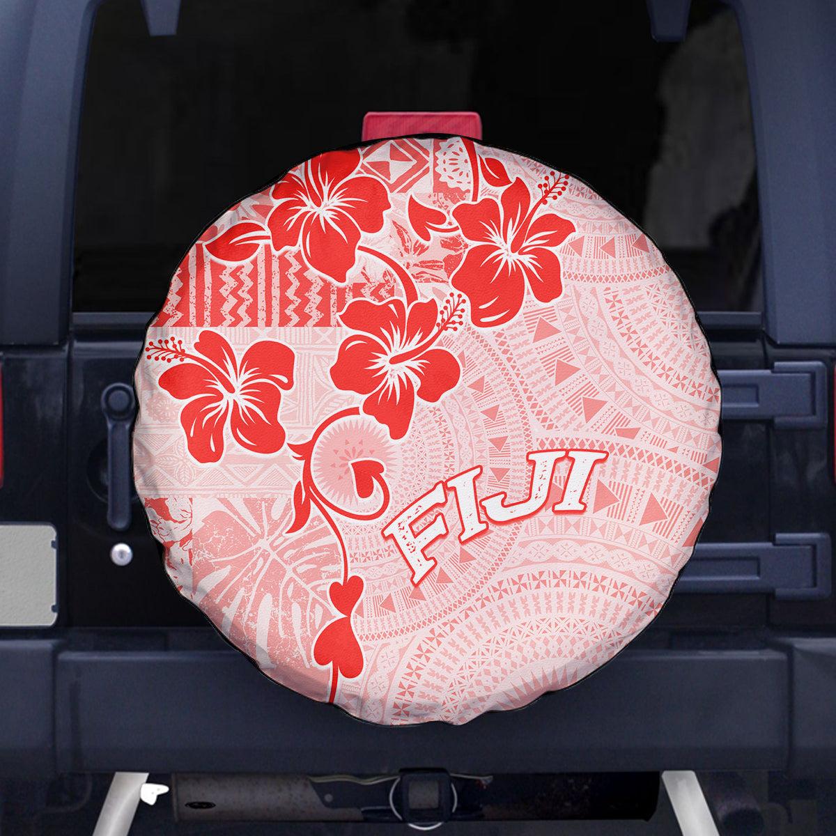 Fiji Masi With Hibiscus Tapa Tribal Spare Tire Cover Red Pastel LT01 Red - Polynesian Pride