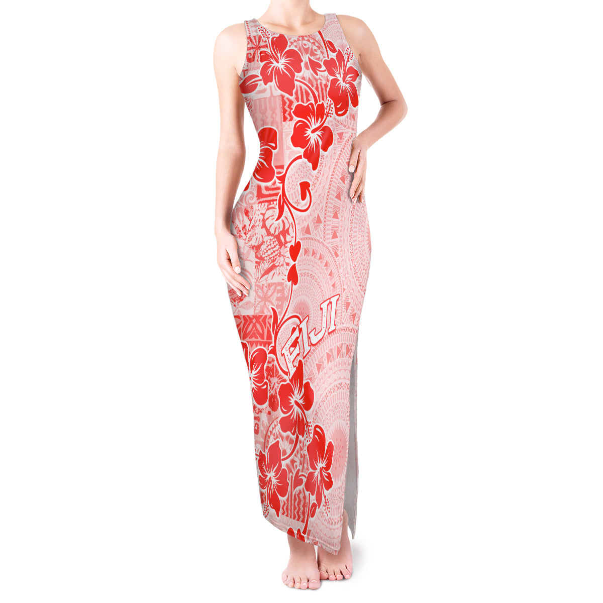 Fiji Masi With Hibiscus Tapa Tribal Tank Maxi Dress Red Pastel LT01 Women Red - Polynesian Pride