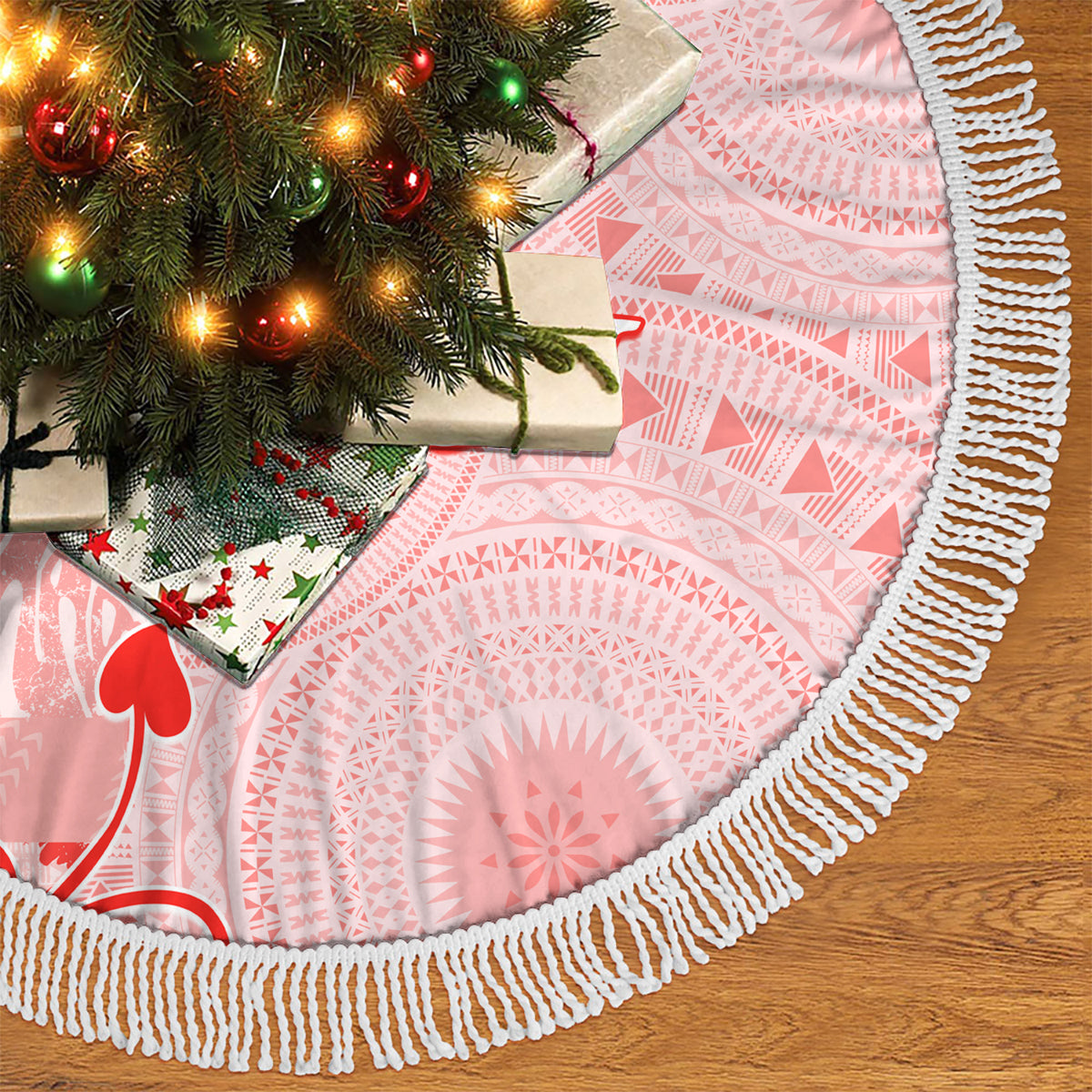 Fiji Masi With Hibiscus Tapa Tribal Tree Skirt Red Pastel LT01 - Polynesian Pride