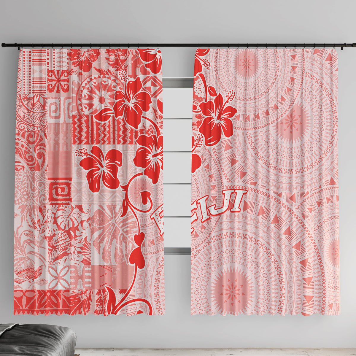 Fiji Masi With Hibiscus Tapa Tribal Window Curtain Red Pastel LT01 With Hooks Red - Polynesian Pride