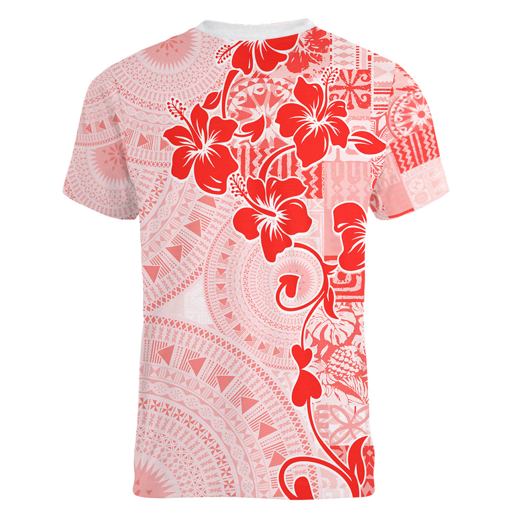 Fiji Masi With Hibiscus Tapa Tribal Women V Neck T Shirt Red Pastel LT01 - Polynesian Pride