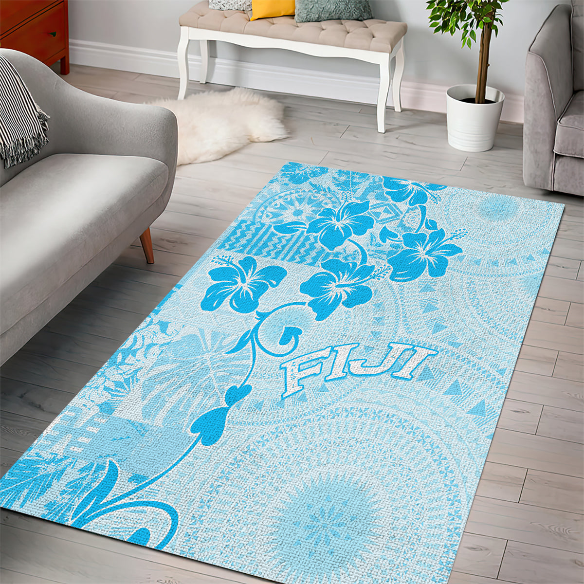 Fiji Masi With Hibiscus Tapa Tribal Area Rug Sky Blue Pastel LT01 - Polynesian Pride