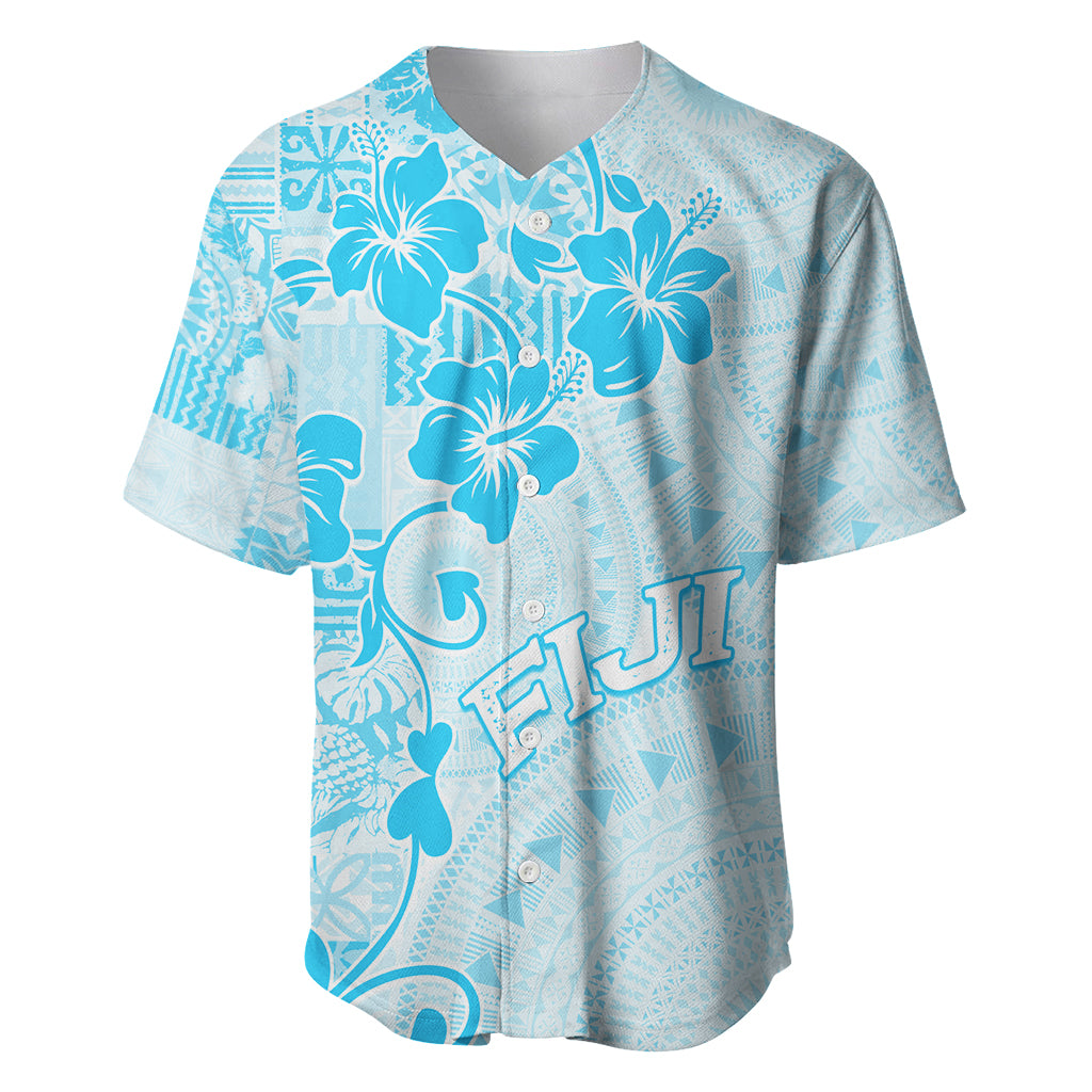 Fiji Masi With Hibiscus Tapa Tribal Baseball Jersey Sky Blue Pastel LT01 Blue - Polynesian Pride