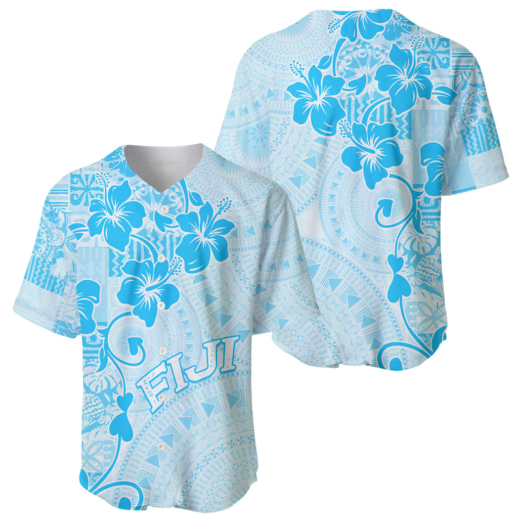 Fiji Masi With Hibiscus Tapa Tribal Baseball Jersey Sky Blue Pastel LT01 - Polynesian Pride