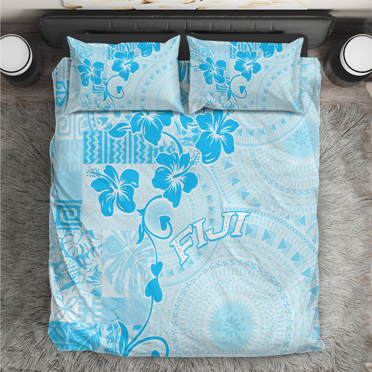 Fiji Masi With Hibiscus Tapa Tribal Bedding Set Sky Blue Pastel LT01 Blue - Polynesian Pride