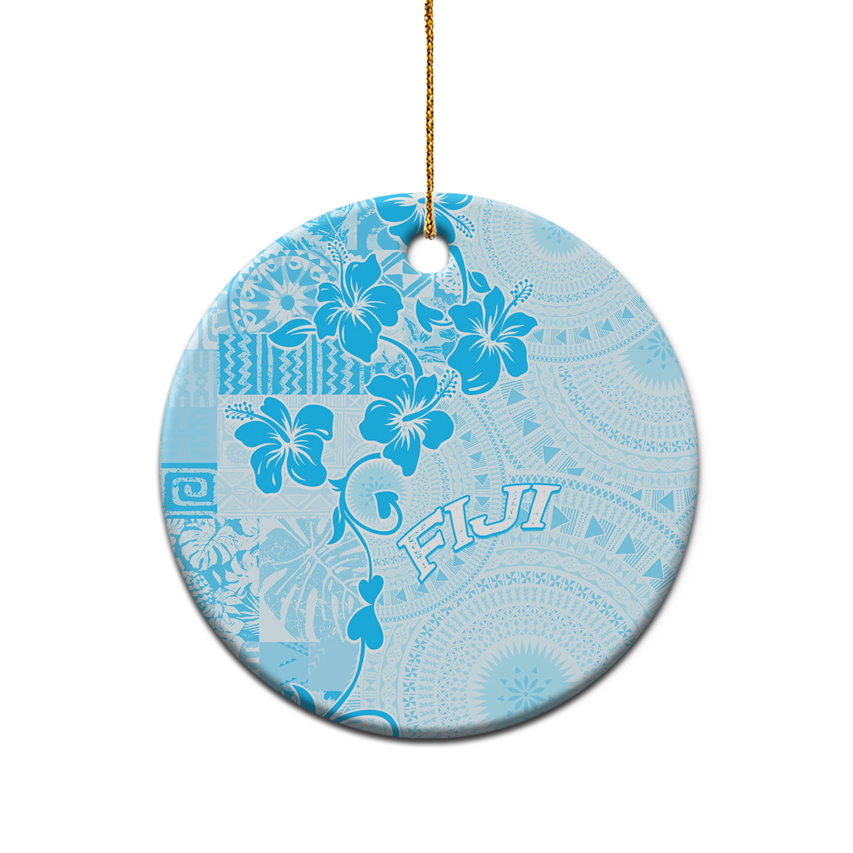 Fiji Masi With Hibiscus Tapa Tribal Ceramic Ornament Sky Blue Pastel LT01 - Polynesian Pride
