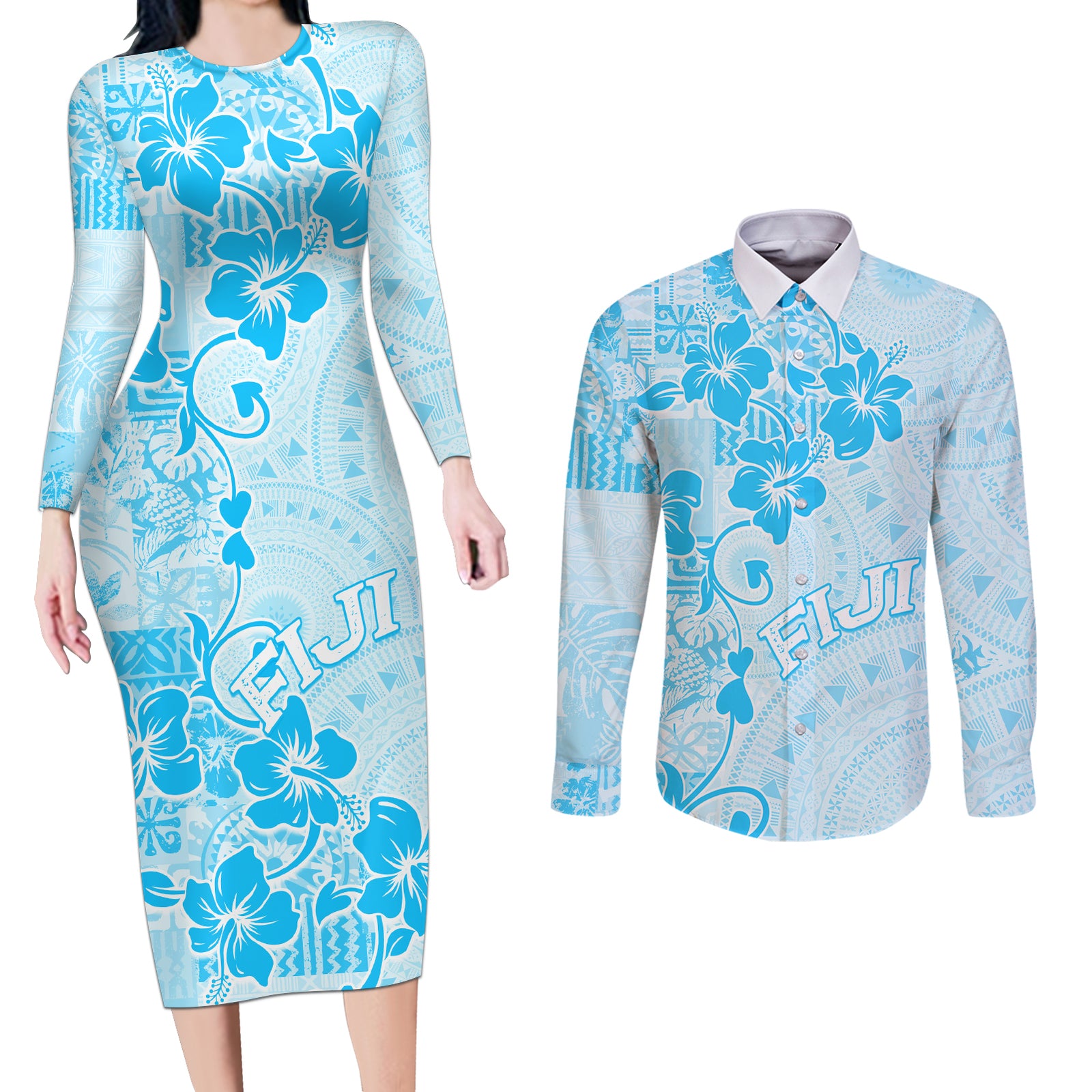 Fiji Masi With Hibiscus Tapa Tribal Couples Matching Long Sleeve Bodycon Dress and Long Sleeve Button Shirt Sky Blue Pastel LT01 Blue - Polynesian Pride