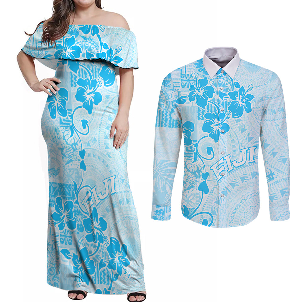 Fiji Masi With Hibiscus Tapa Tribal Couples Matching Off Shoulder Maxi Dress and Long Sleeve Button Shirt Sky Blue Pastel LT01 Blue - Polynesian Pride