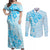 Fiji Masi With Hibiscus Tapa Tribal Couples Matching Off Shoulder Maxi Dress and Long Sleeve Button Shirt Sky Blue Pastel LT01 Blue - Polynesian Pride