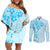 Fiji Masi With Hibiscus Tapa Tribal Couples Matching Off Shoulder Short Dress and Long Sleeve Button Shirt Sky Blue Pastel LT01 Blue - Polynesian Pride