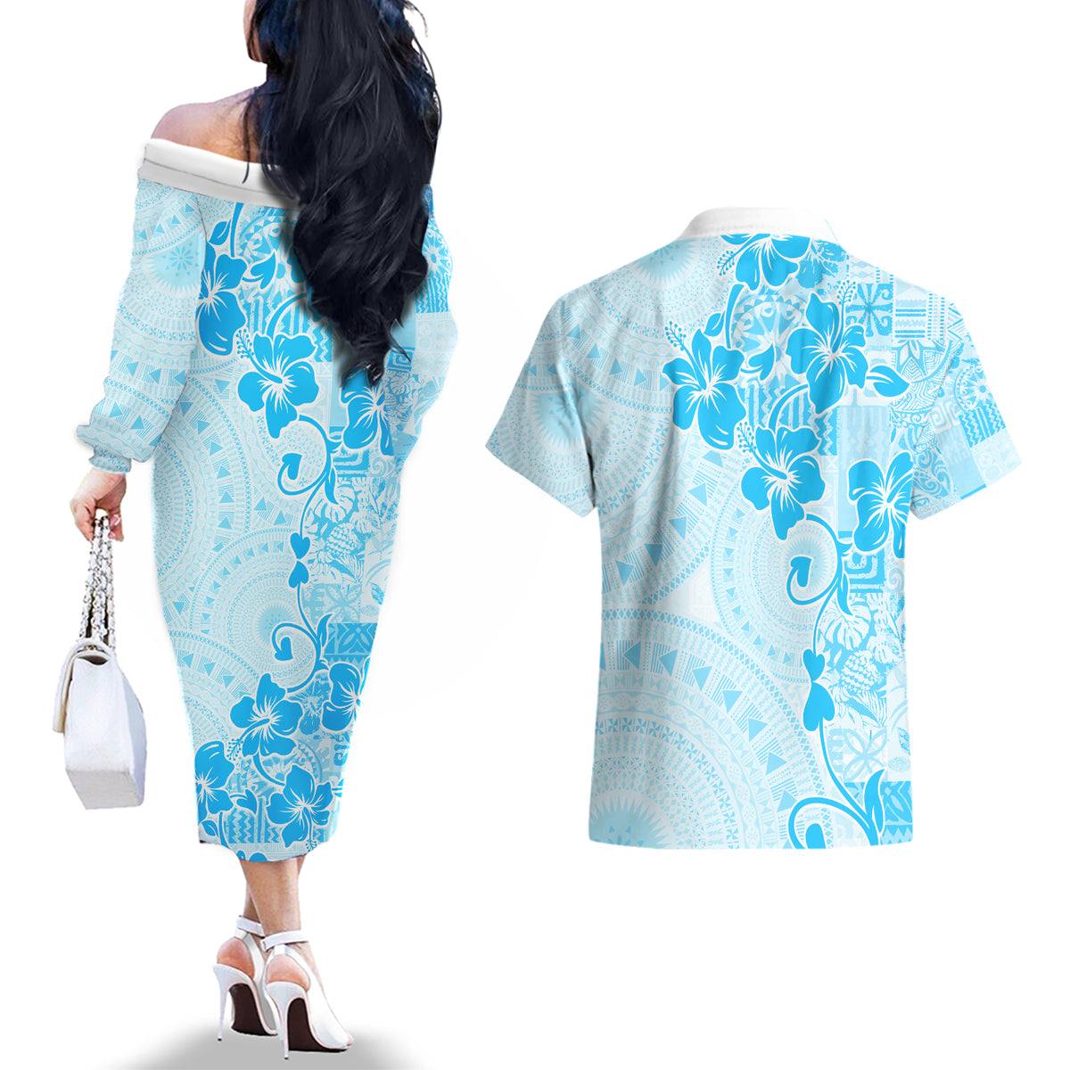 Fiji Masi With Hibiscus Tapa Tribal Couples Matching Off The Shoulder Long Sleeve Dress and Hawaiian Shirt Sky Blue Pastel LT01 - Polynesian Pride