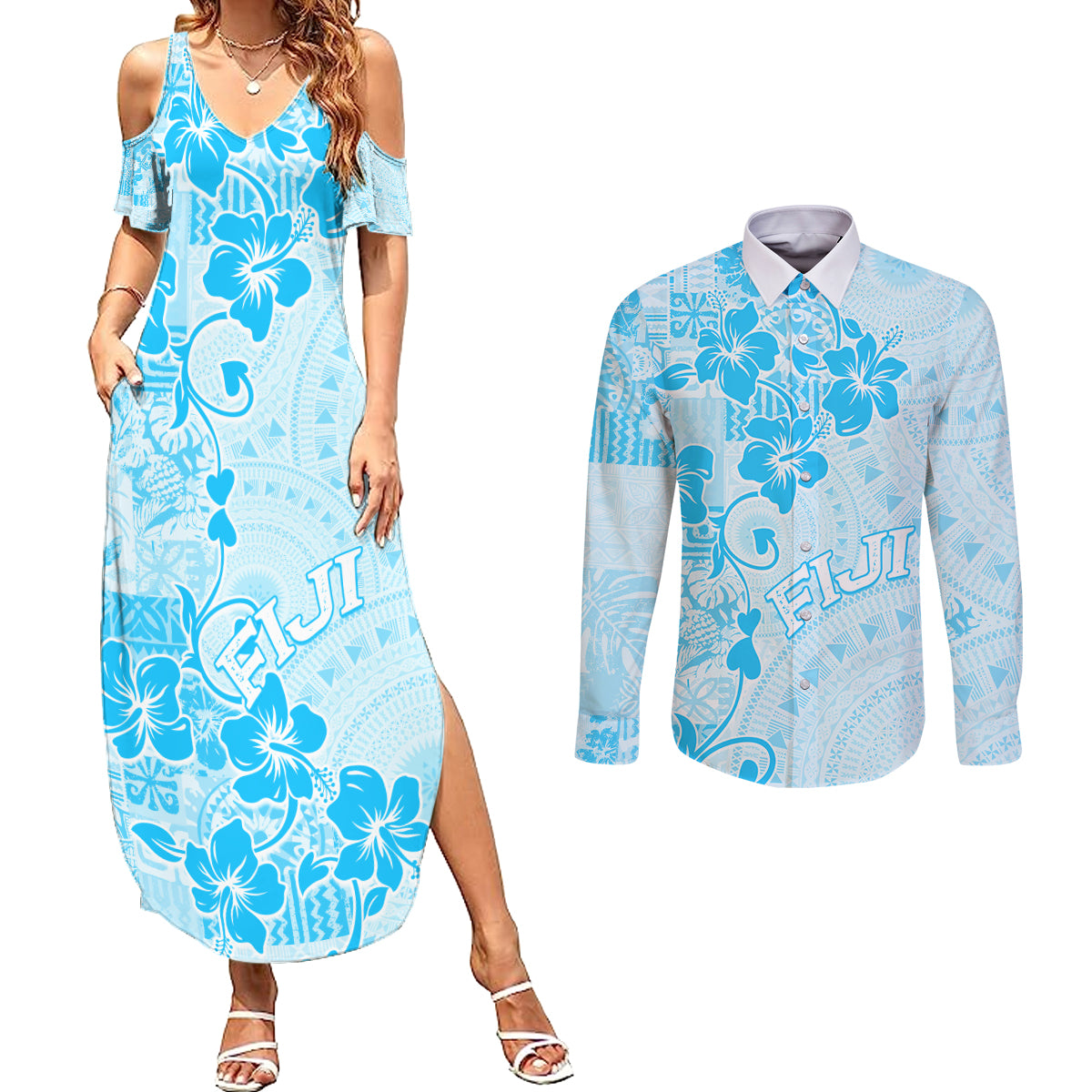 Fiji Masi With Hibiscus Tapa Tribal Couples Matching Summer Maxi Dress and Long Sleeve Button Shirt Sky Blue Pastel LT01 Blue - Polynesian Pride