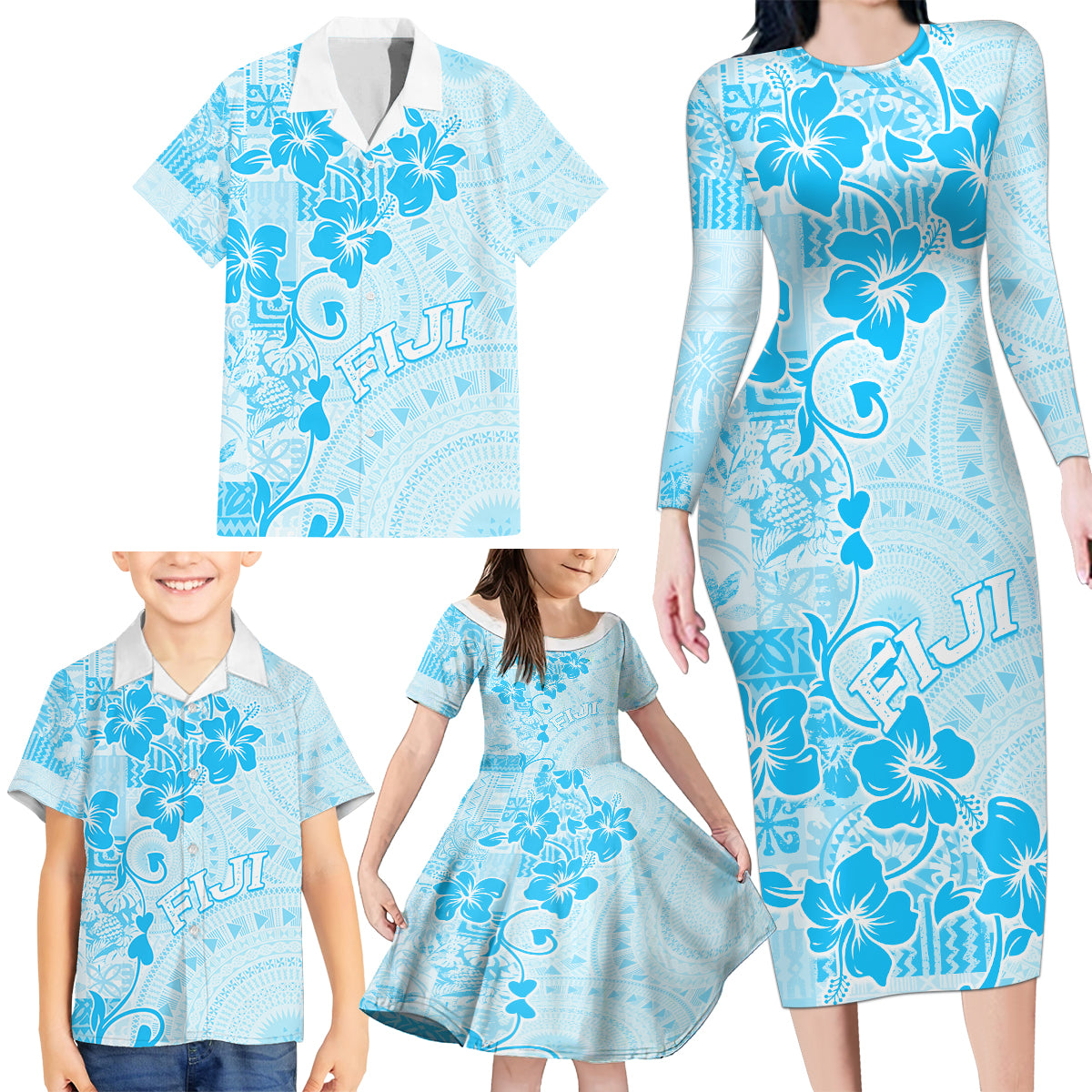 Fiji Masi With Hibiscus Tapa Tribal Family Matching Long Sleeve Bodycon Dress and Hawaiian Shirt Sky Blue Pastel LT01 - Polynesian Pride