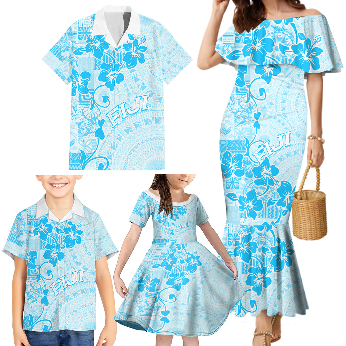 Fiji Masi With Hibiscus Tapa Tribal Family Matching Mermaid Dress and Hawaiian Shirt Sky Blue Pastel LT01 - Polynesian Pride