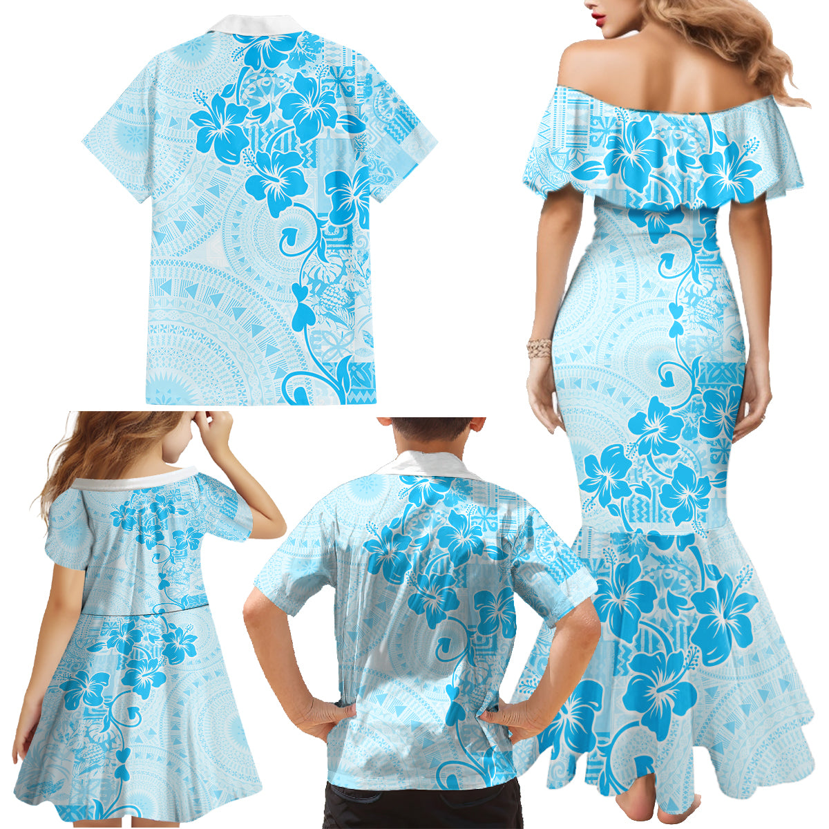 Fiji Masi With Hibiscus Tapa Tribal Family Matching Mermaid Dress and Hawaiian Shirt Sky Blue Pastel LT01 - Polynesian Pride