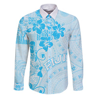 Fiji Masi With Hibiscus Tapa Tribal Family Matching Puletasi Dress and Hawaiian Shirt Sky Blue Pastel LT01 Dad's Shirt - Long Sleeve Blue - Polynesian Pride