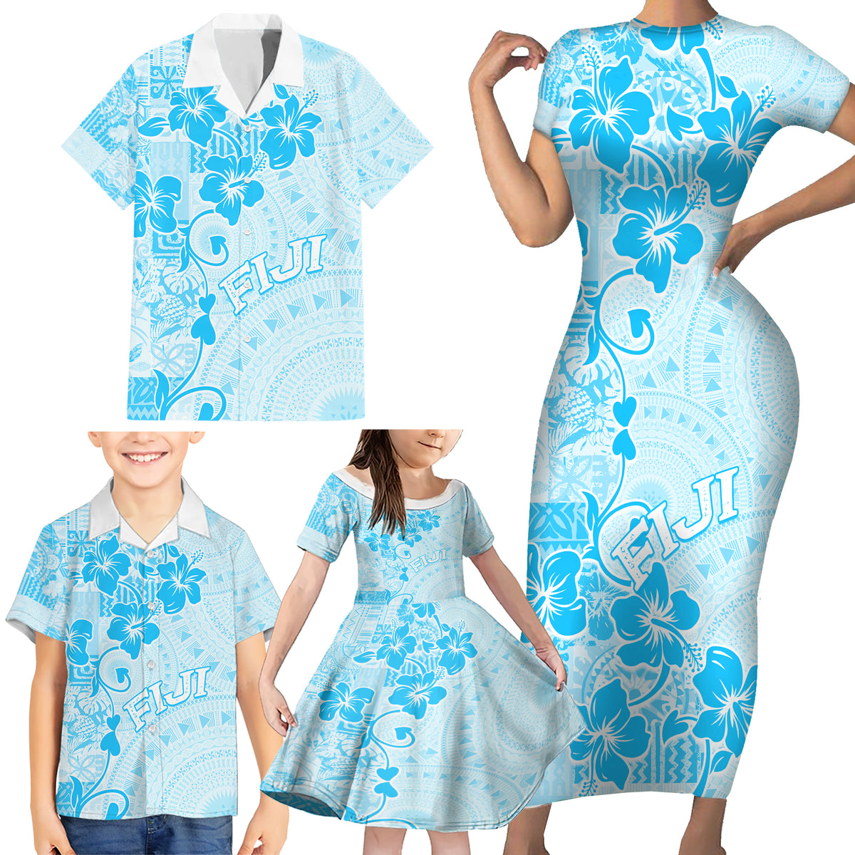 Fiji Masi With Hibiscus Tapa Tribal Family Matching Short Sleeve Bodycon Dress and Hawaiian Shirt Sky Blue Pastel LT01 - Polynesian Pride