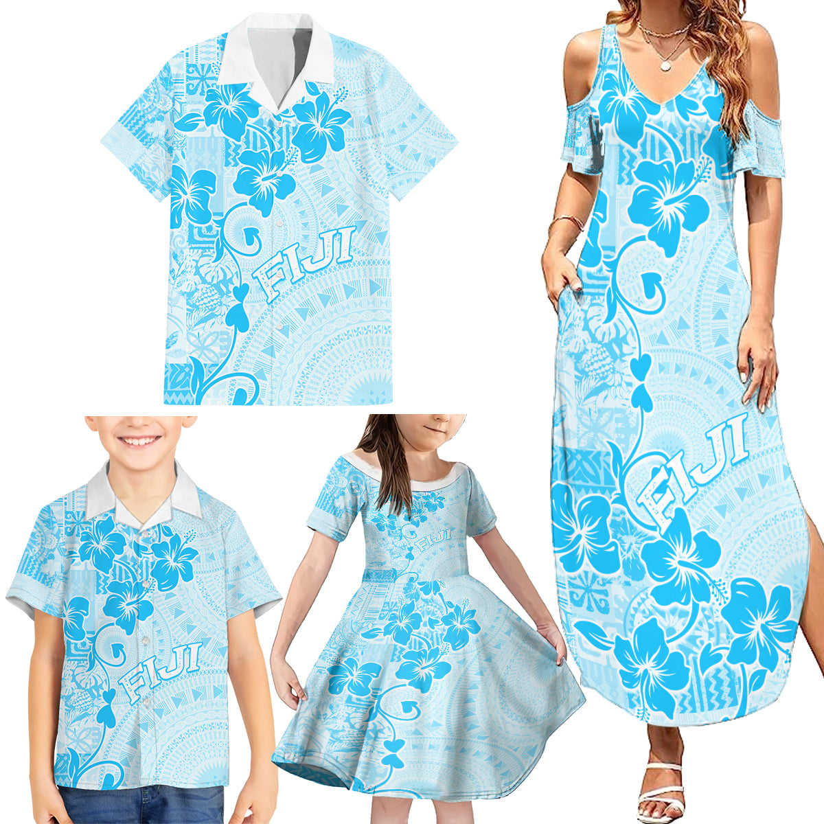 Fiji Masi With Hibiscus Tapa Tribal Family Matching Summer Maxi Dress and Hawaiian Shirt Sky Blue Pastel LT01 - Polynesian Pride