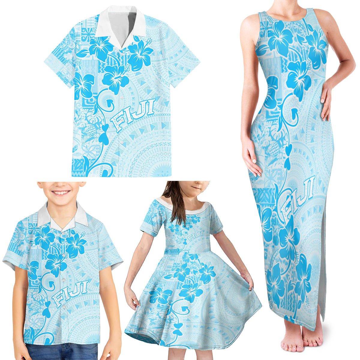 Fiji Masi With Hibiscus Tapa Tribal Family Matching Tank Maxi Dress and Hawaiian Shirt Sky Blue Pastel LT01 - Polynesian Pride