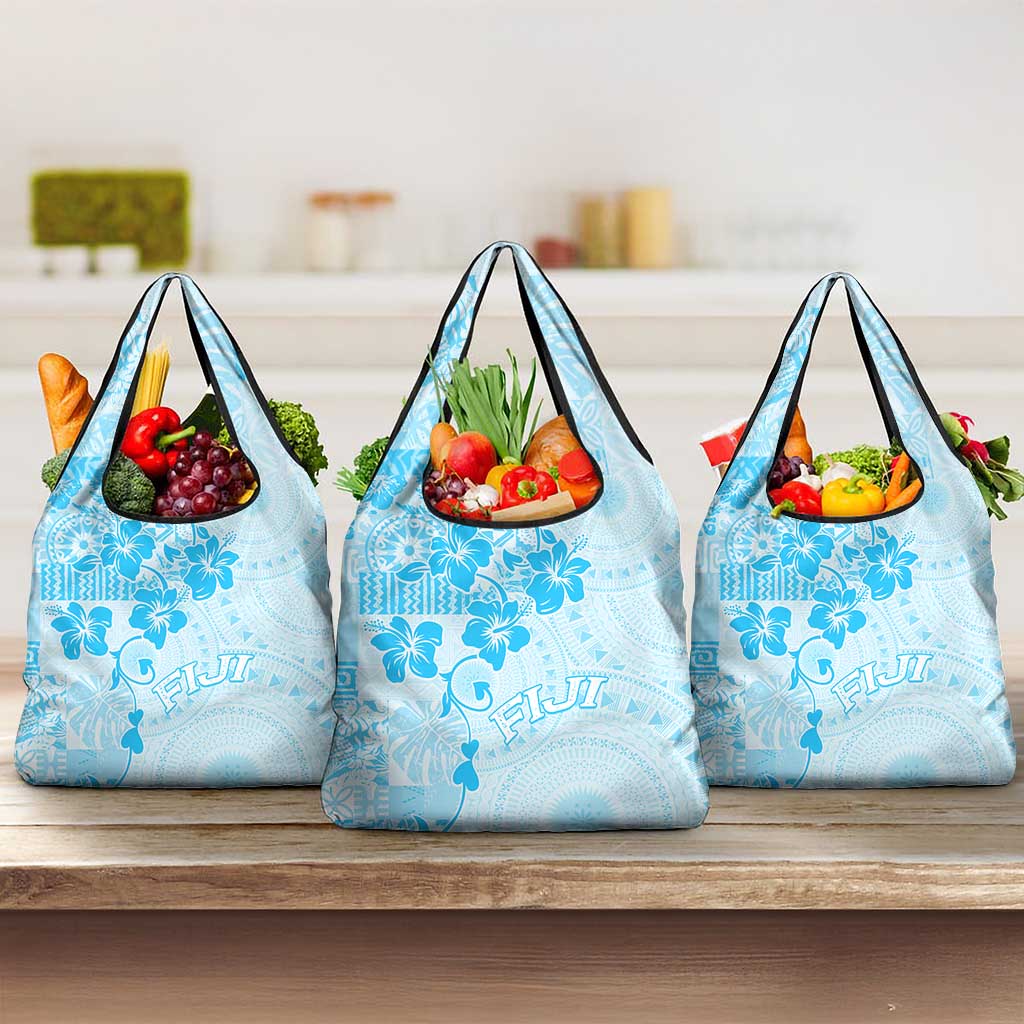 Fiji Masi With Hibiscus Tapa Tribal Grocery Bag Sky Blue Pastel